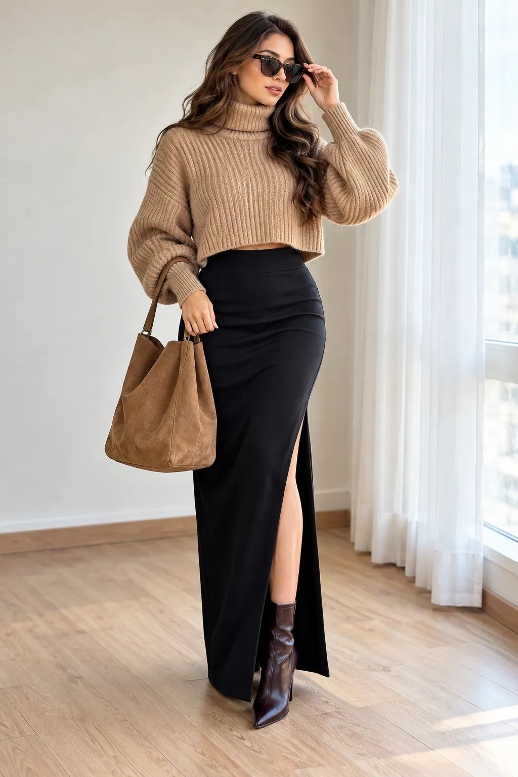 Camel Knit Sweater and Black Maxi Skirt Window Look Camel Knit Sweater and Black Maxi Skirt Window Look