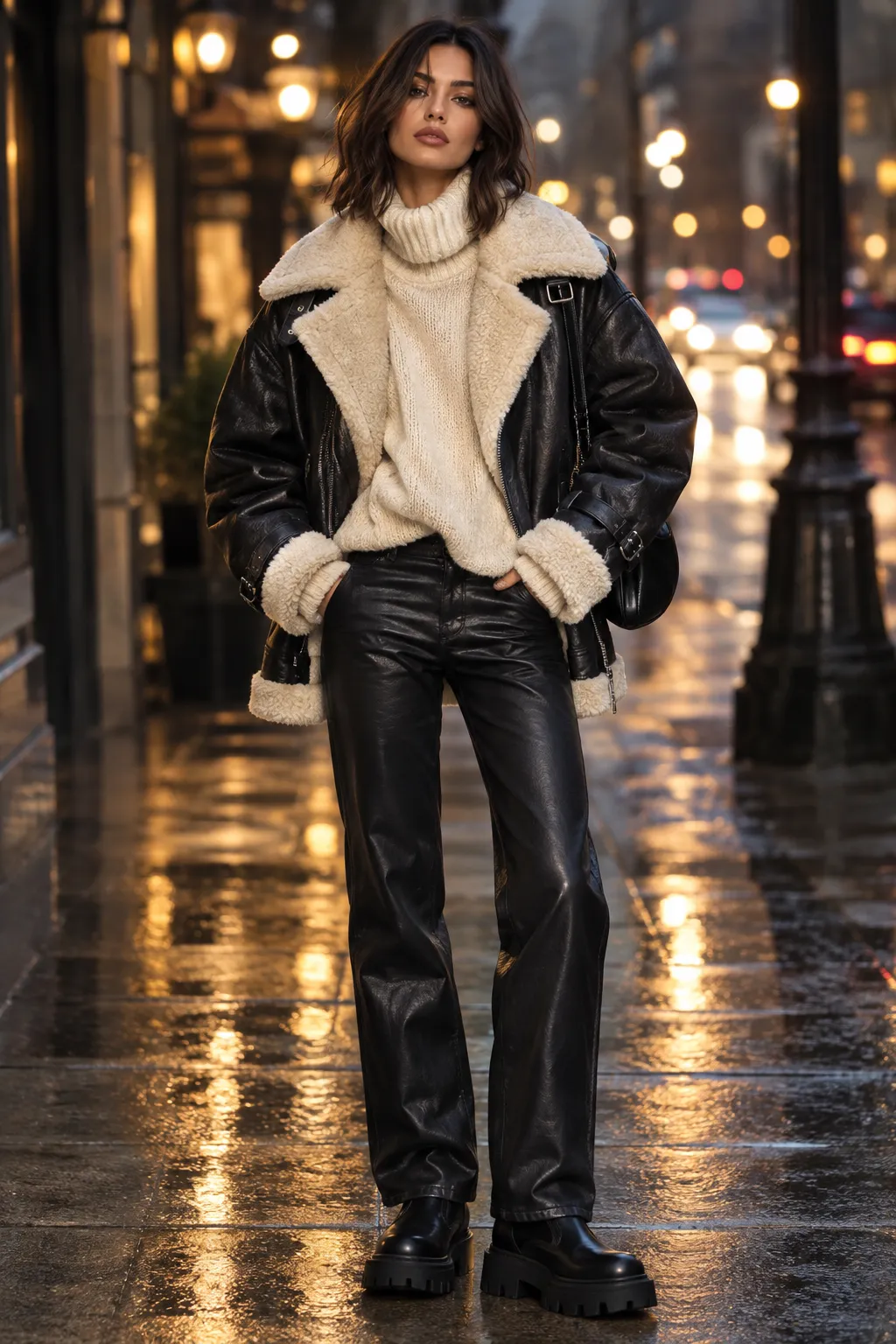 Shearling Aviator and Leather Pants Look