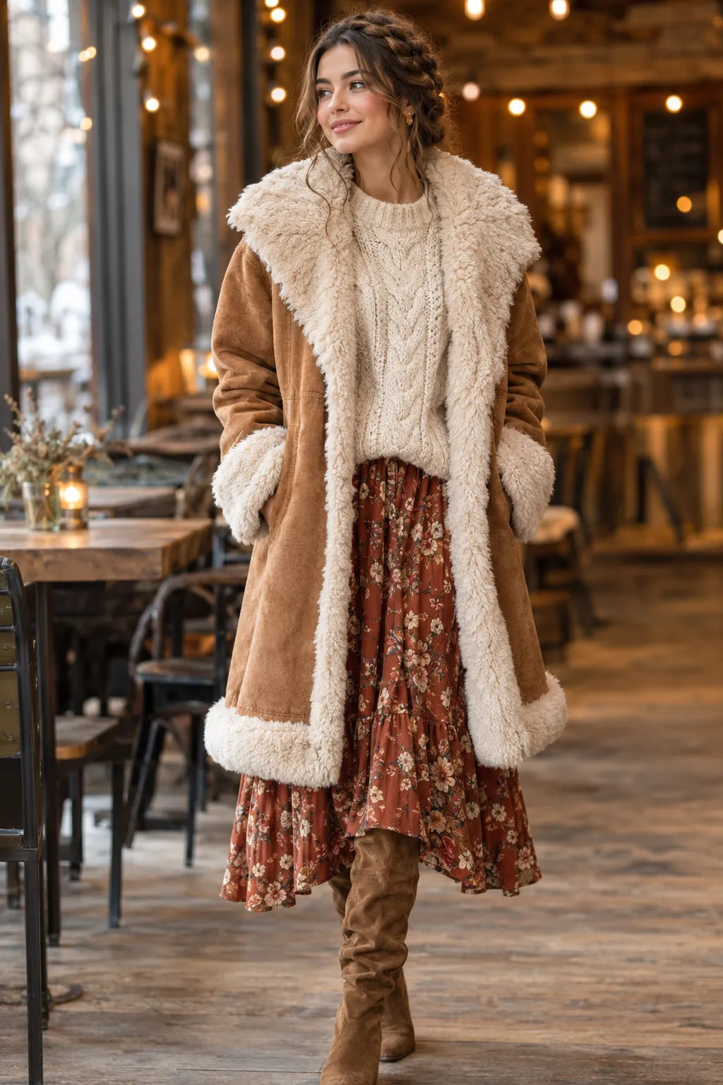 Suede Shearling Coat with Floral Midi Look