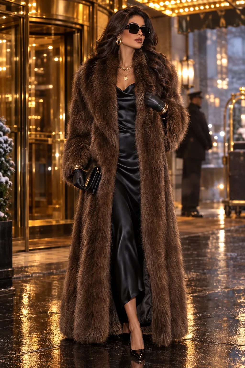 Chocolate Brown Faux Fur Maxi Coat with Black Satin Slip Dress