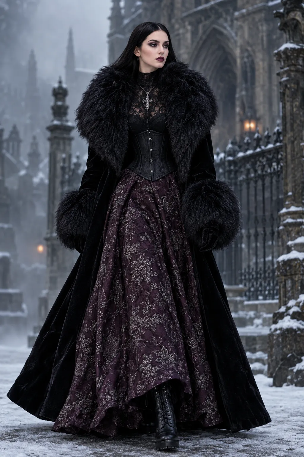 Gothic Velvet Fur Coat with Corset and Brocade Skirt