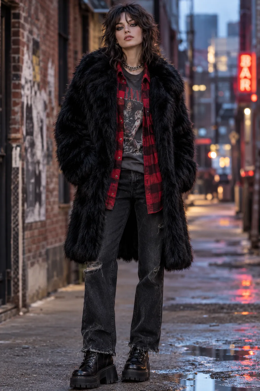 Black Faux Fur Coat and Grunge Layers Look