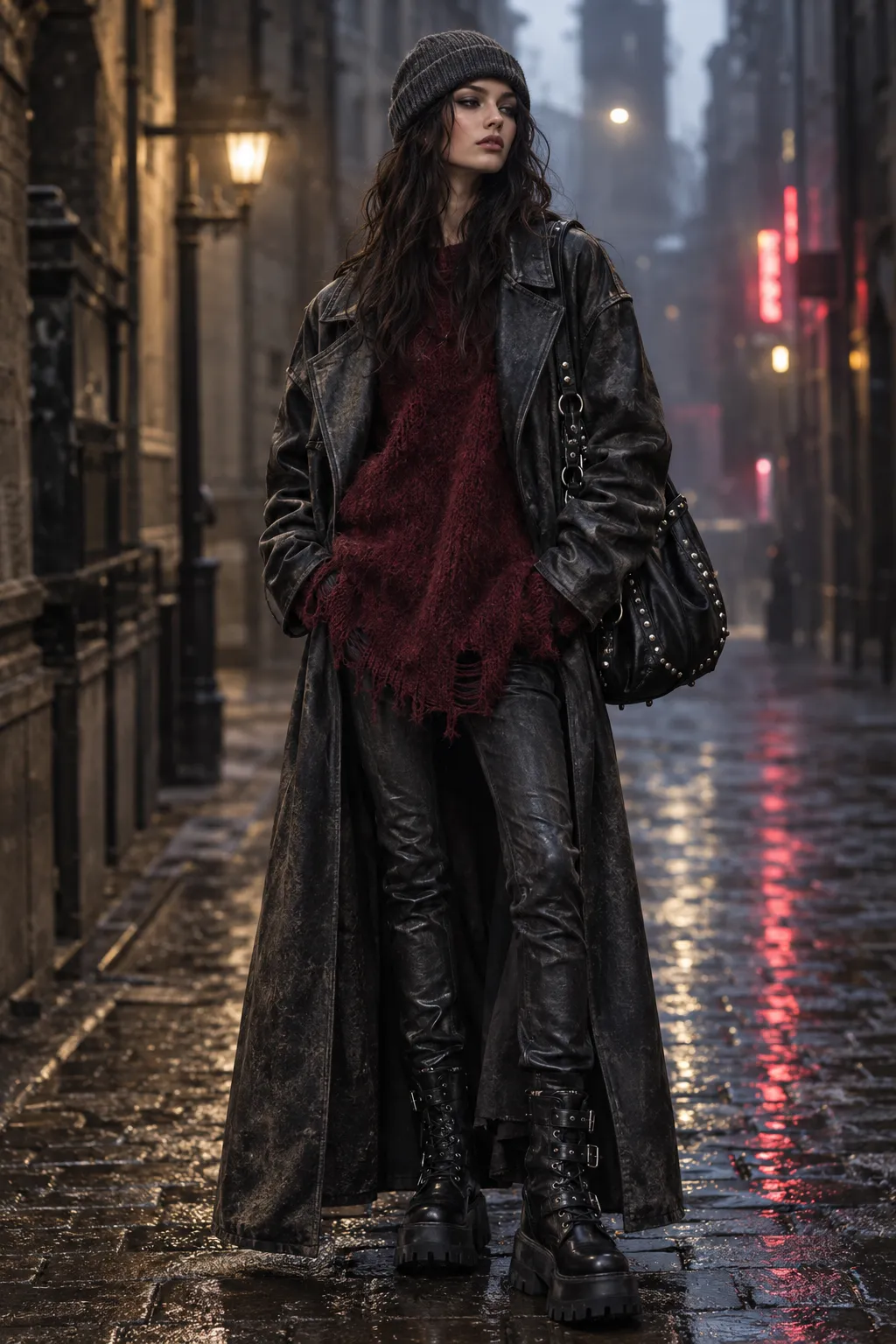 Grunge Leather Trench with Distressed Burgundy Sweater