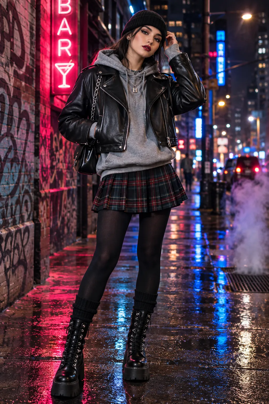 Neon Night Grunge Leather Jacket Look