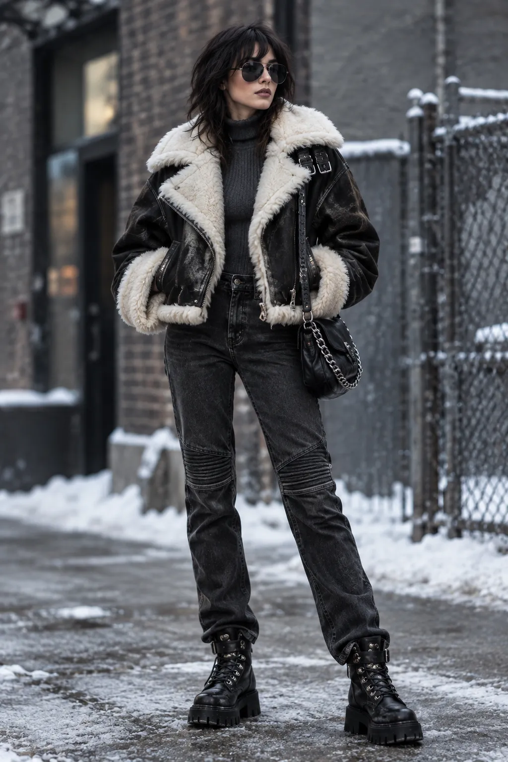 Black Shearling Aviator Jacket with Washed Moto Jeans