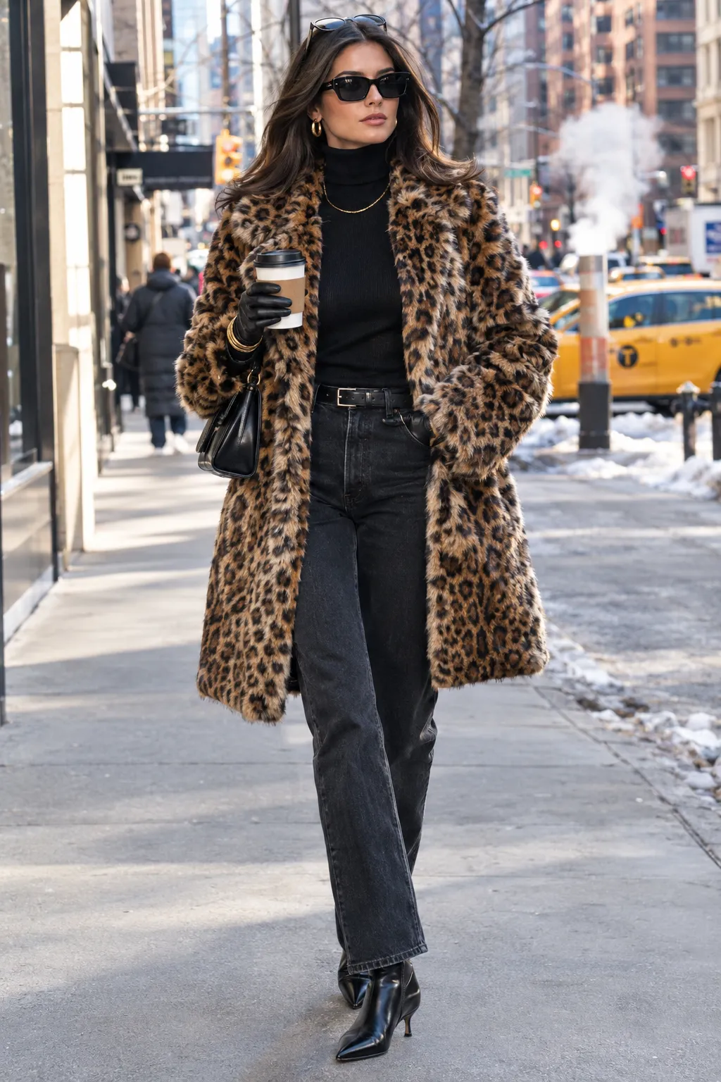 Leopard Faux Fur Coat City Stroll Look