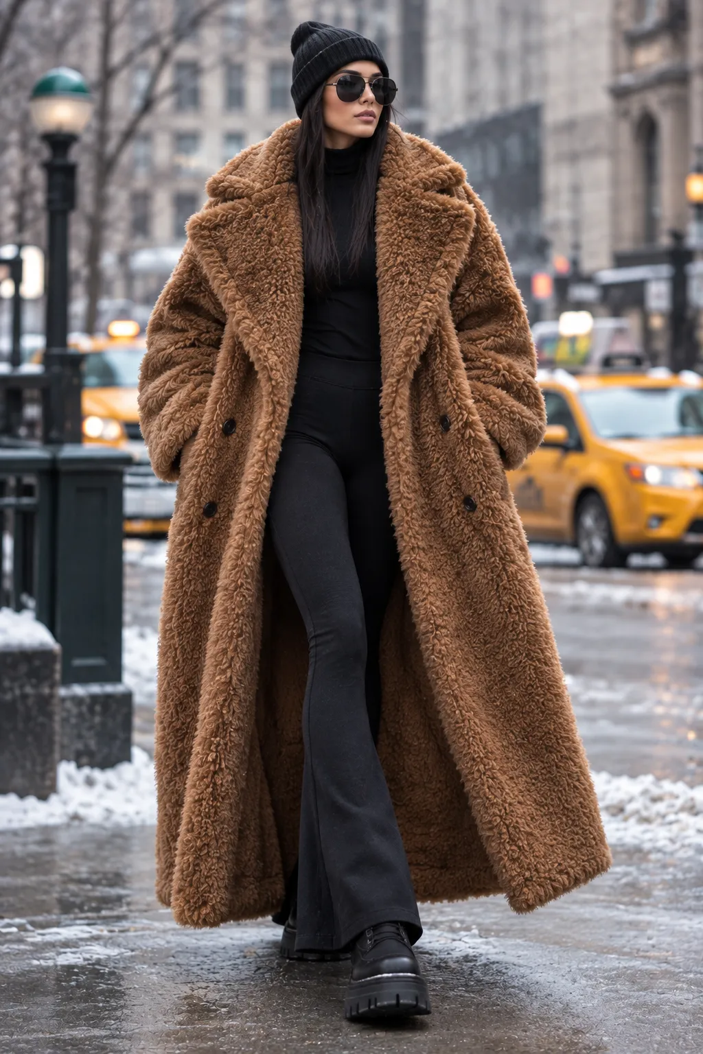 Camel Teddy Coat with All Black Flare Pants Look