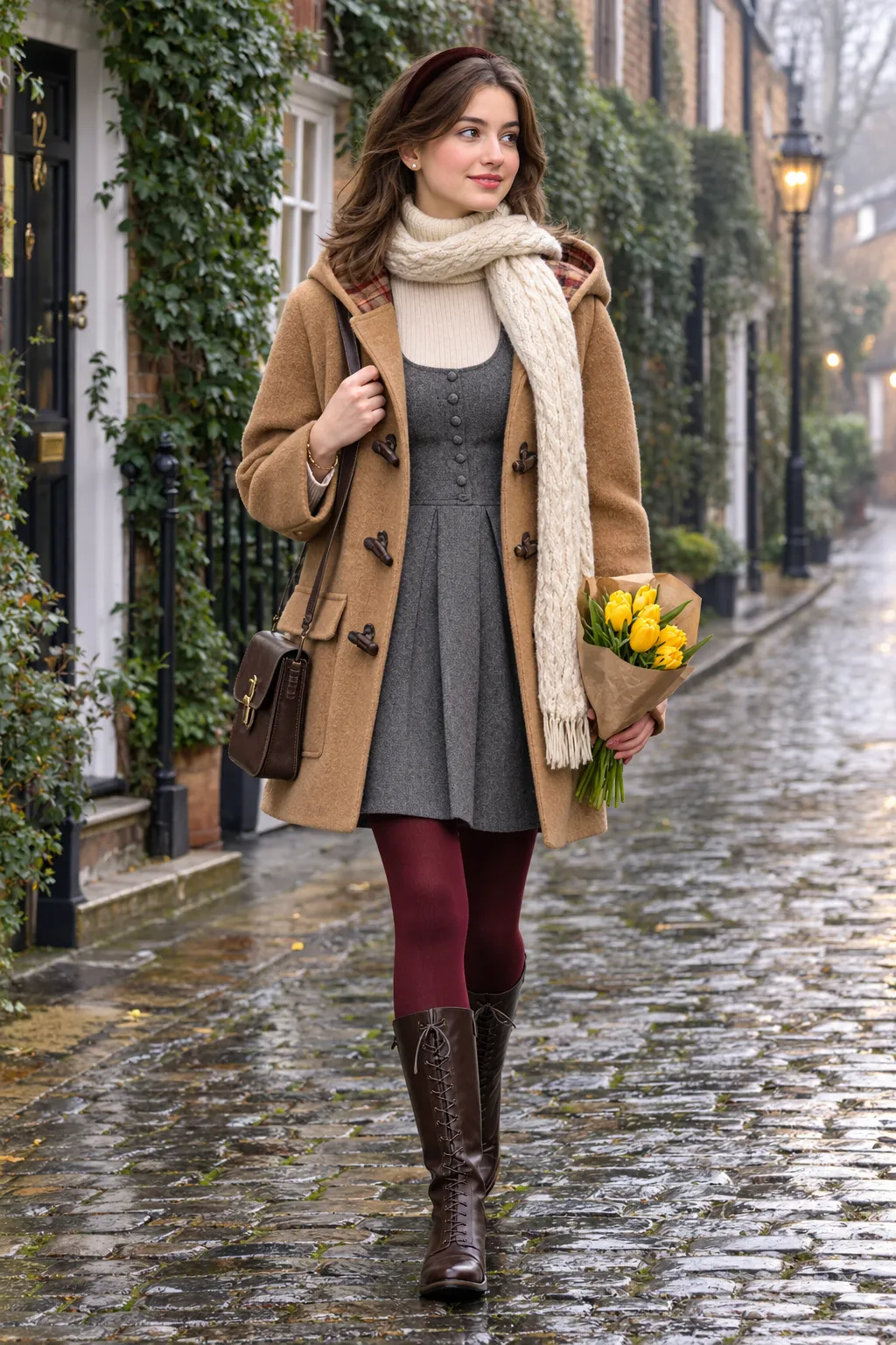 Duffle Coat and Gray Pinafore Dress Look