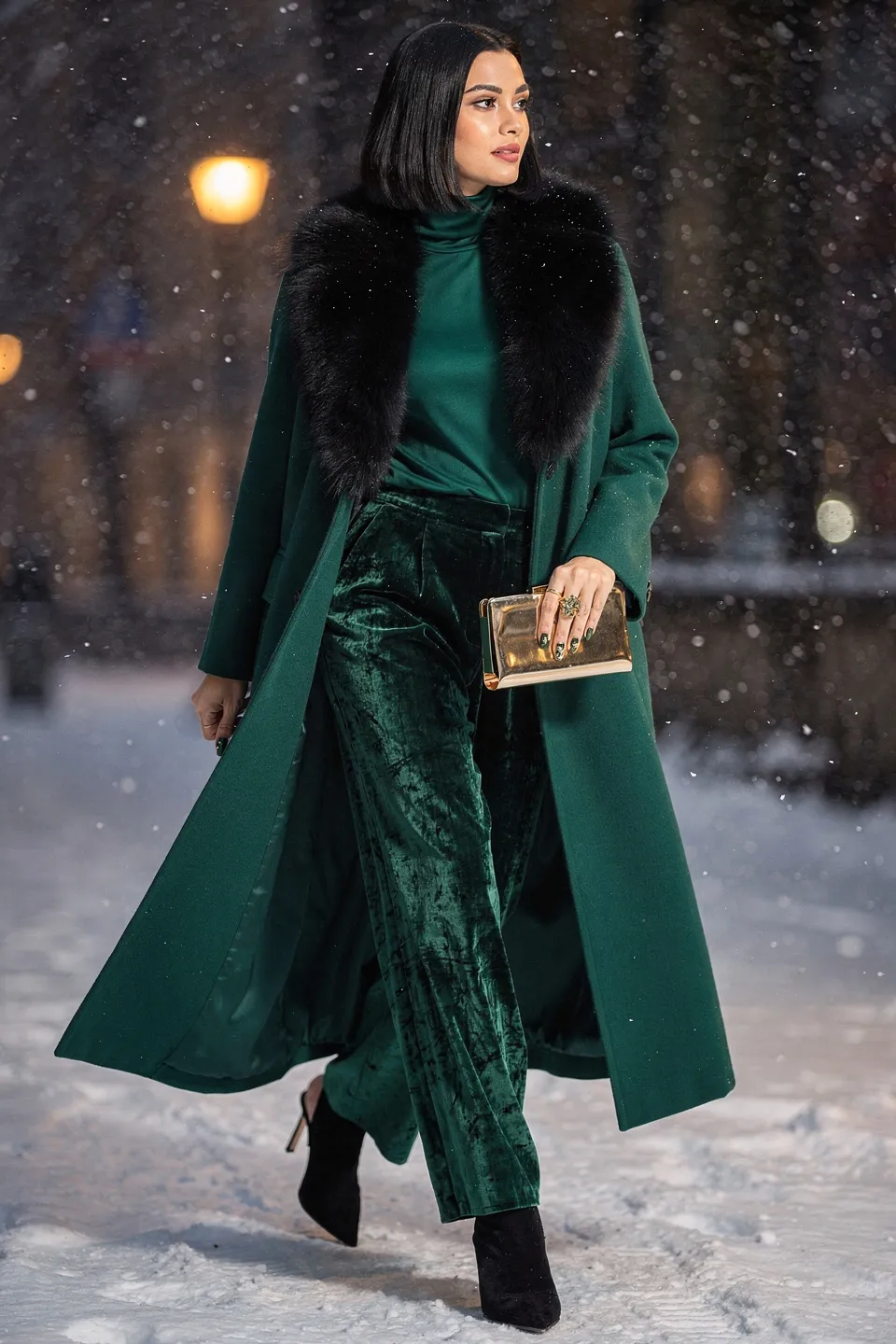 Emerald Coat and Velvet Trousers Look