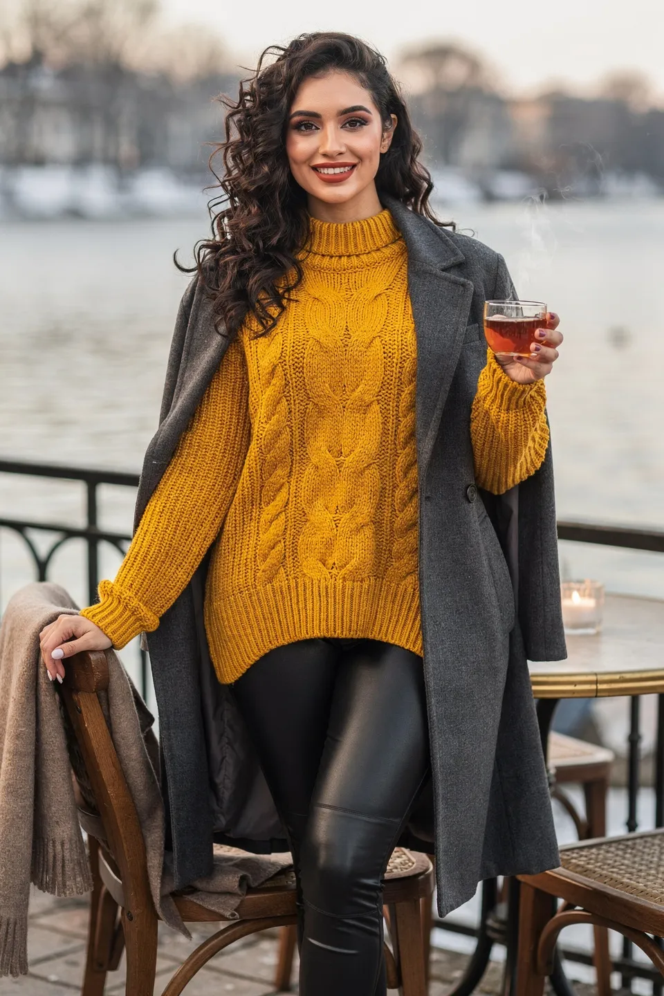 Mustard Cable Knit Sweater with Grey Coat and Leather Leggings Mustard Cable Knit Sweater with Grey Coat and Leather Leggings