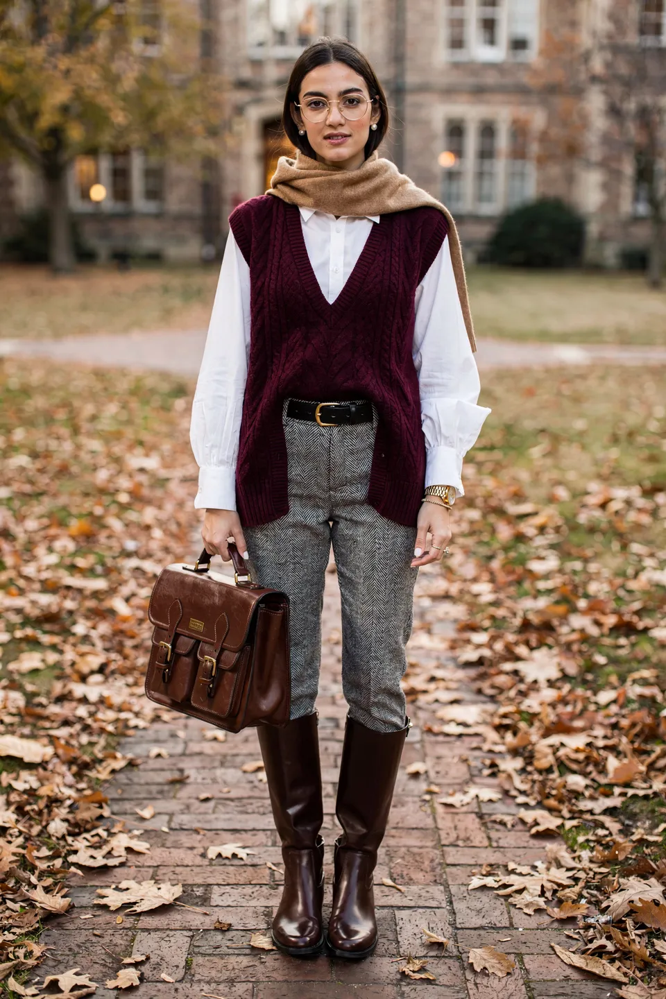 Burgundy Sweater Vest with White Shirt and Herringbone Trousers Burgundy Sweater Vest with White Shirt and Herringbone Trousers