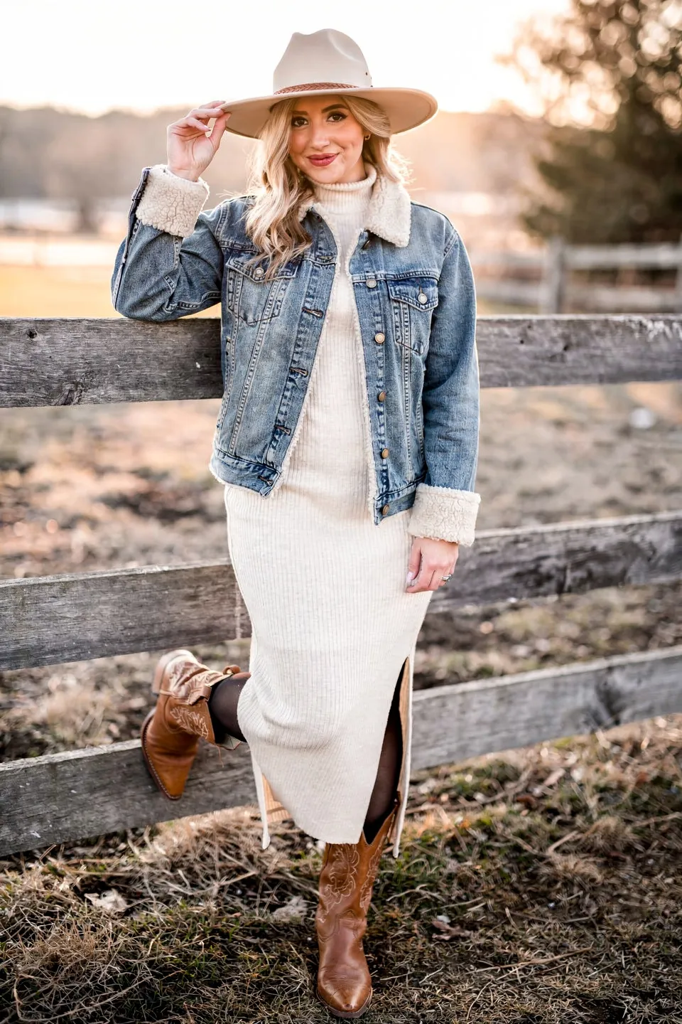 Sherpa Denim Jacket with Cream Knit Dress and Cowboy Boots Sherpa Denim Jacket with Cream Knit Dress and Cowboy Boots