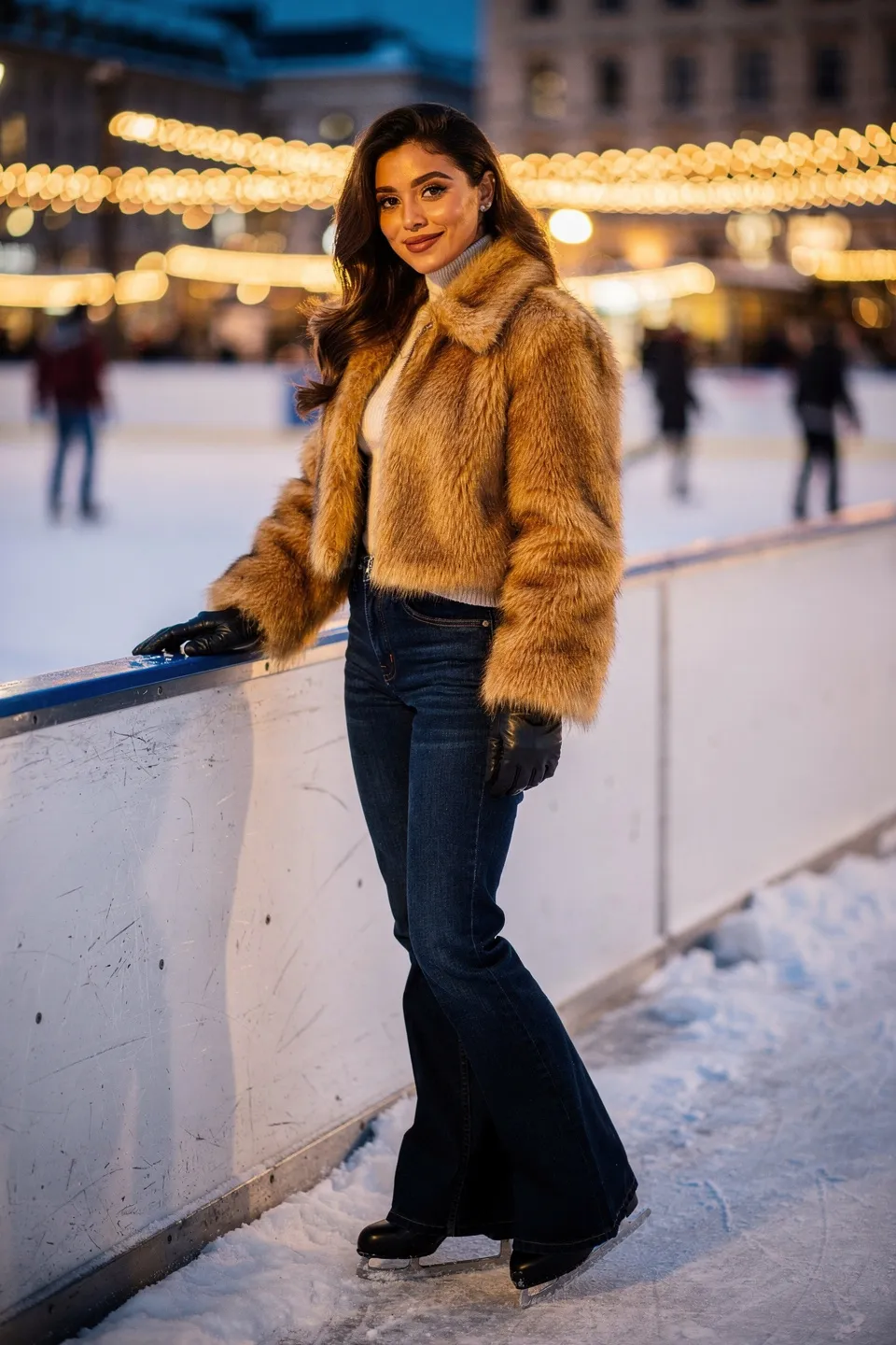 Golden Faux Fur Jacket with Flare Jeans at the Ice Rink Golden Faux Fur Jacket with Flare Jeans at the Ice Rink