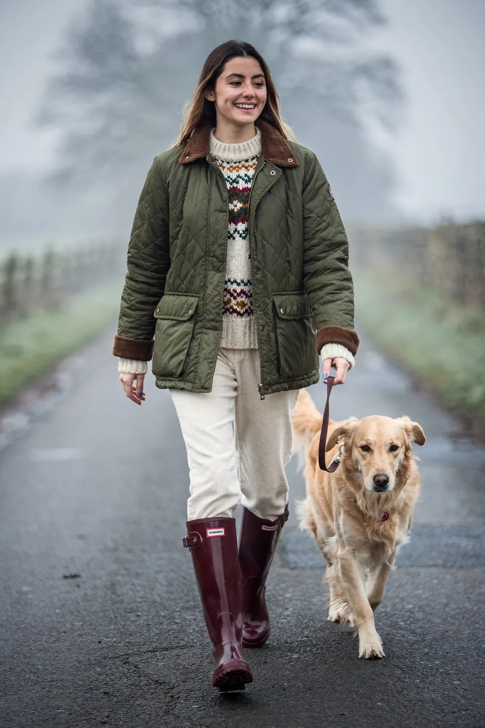 Olive Quilted Jacket with Fair Isle Sweater and Burgundy Rain Boots Olive Quilted Jacket with Fair Isle Sweater and Burgundy Rain Boots