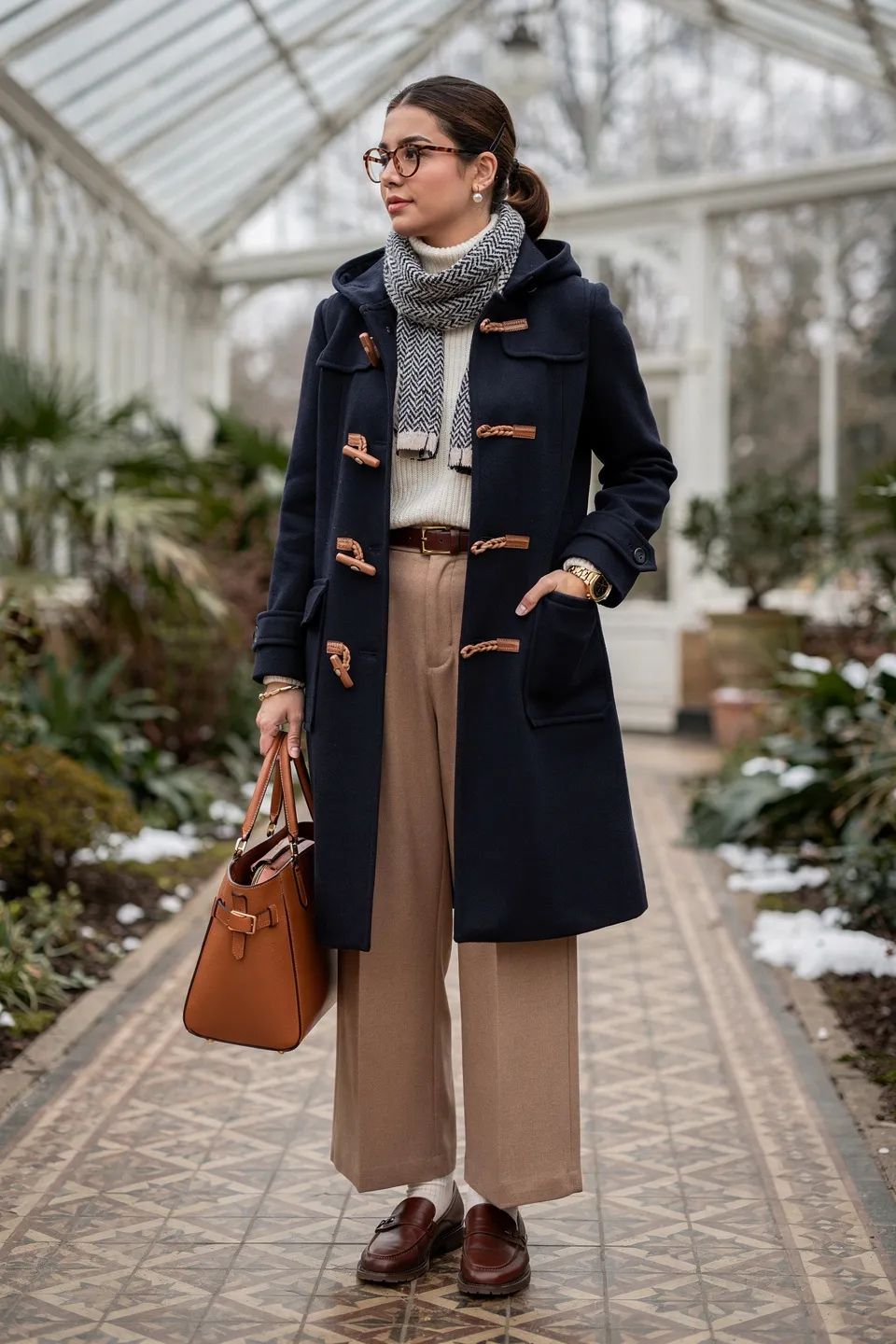 Navy Duffle Coat with Camel Wide Leg Trousers and Loafers Navy Duffle Coat with Camel Wide Leg Trousers and Loafers