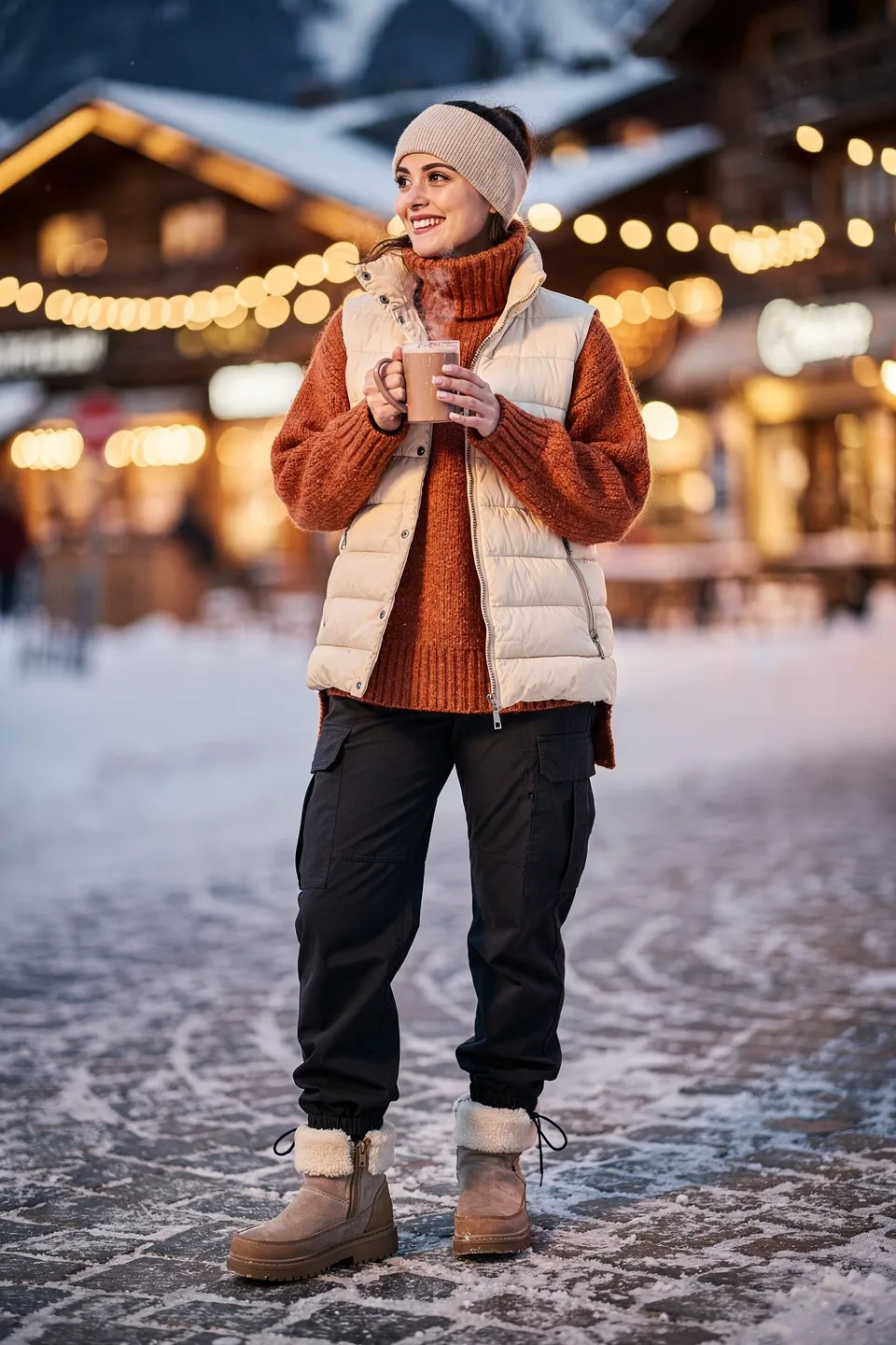 Cream Puffer Vest with Rust Turtleneck and Cargo Pants Cream Puffer Vest with Rust Turtleneck and Cargo Pants