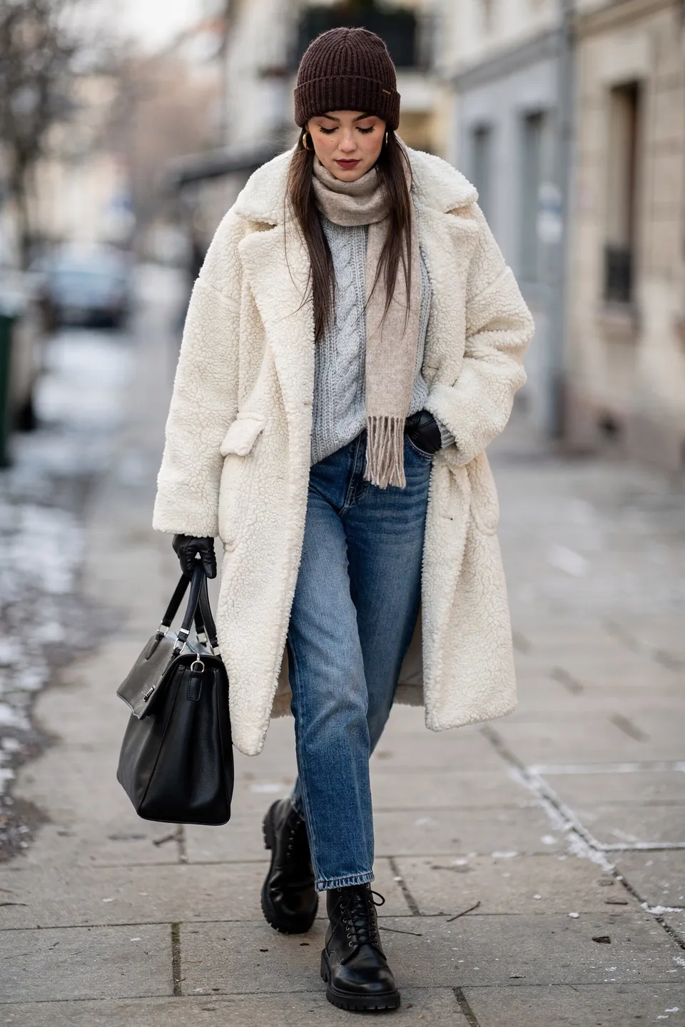 Cream Teddy Coat with Cable Knit Sweater and Straight Jeans Cream Teddy Coat with Cable Knit Sweater and Straight Jeans