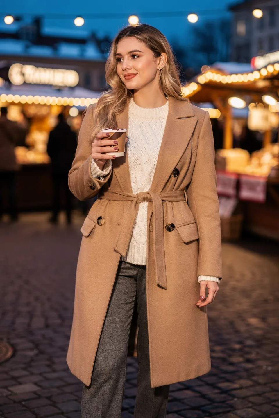 Camel Belted Coat with Cream Cable Knit Sweater at the Holiday Market Camel Belted Coat with Cream Cable Knit Sweater at the Holiday Market