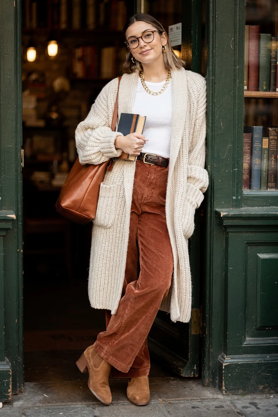 Cream Chunky Cardigan and Rust Corduroy Pants Bookstore Look Cream Chunky Cardigan and Rust Corduroy Pants Bookstore Look