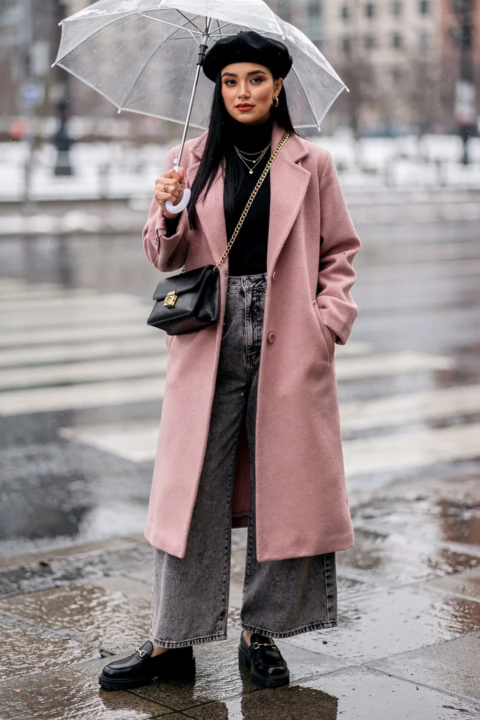Dusty Pink Long Coat with Black Beret and Wide Leg Jeans Dusty Pink Long Coat with Black Beret and Wide Leg Jeans