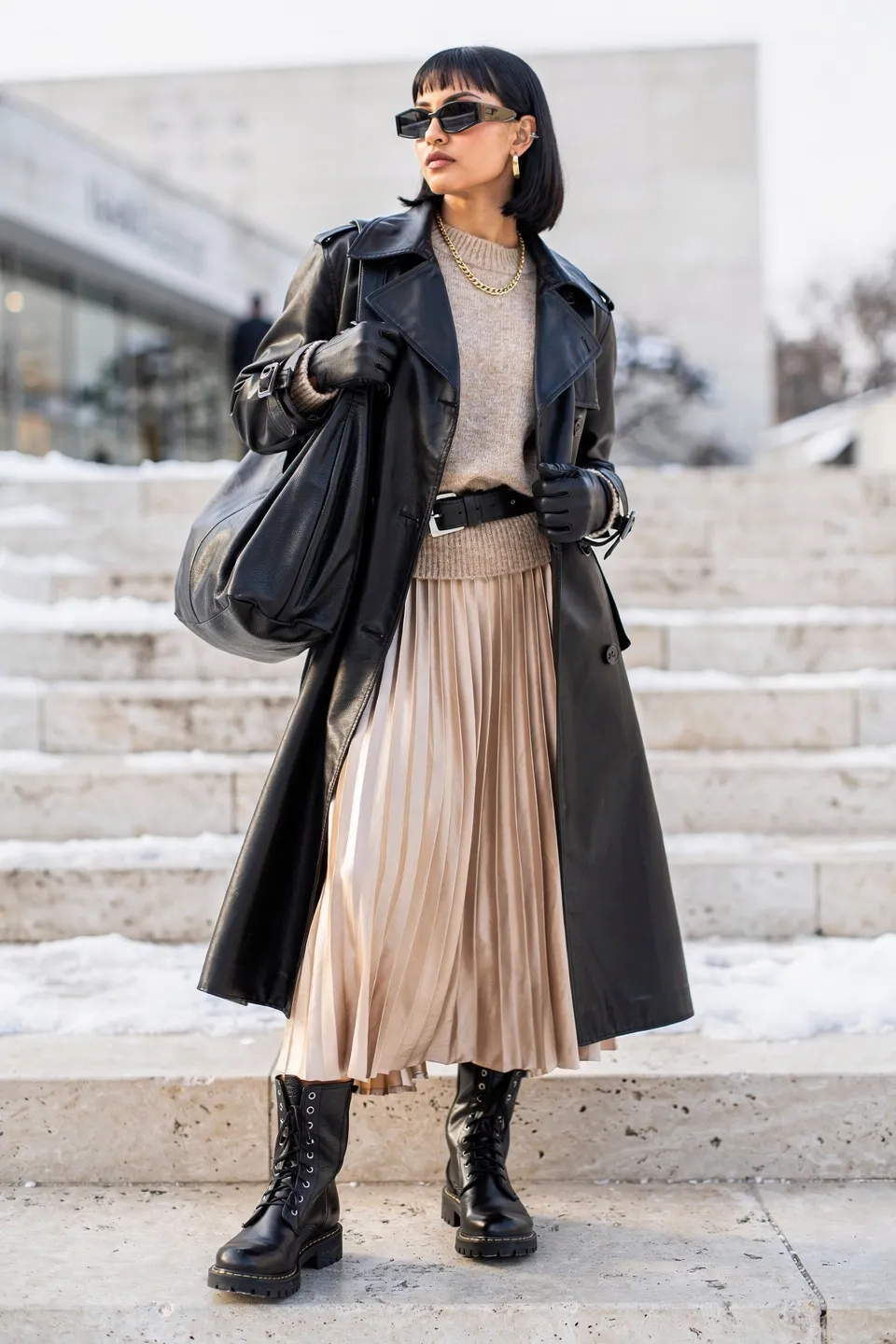 Black Leather Trench with Champagne Pleated Skirt and Combat Boots Black Leather Trench with Champagne Pleated Skirt and Combat Boots