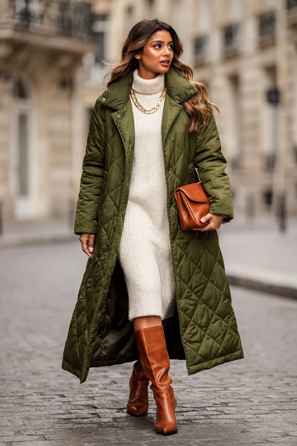 Olive Quilted Coat and Knit Dress Look