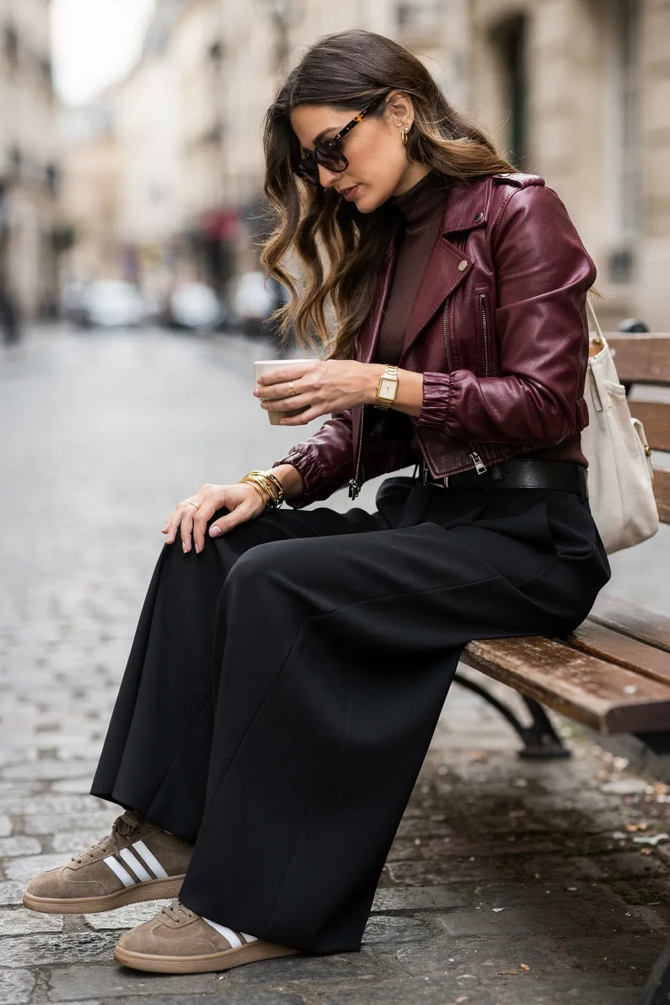 Burgundy Leather Jacket with Black Wide Leg Pants and Suede Sneakers Burgundy Leather Jacket with Black Wide Leg Pants and Suede Sneakers