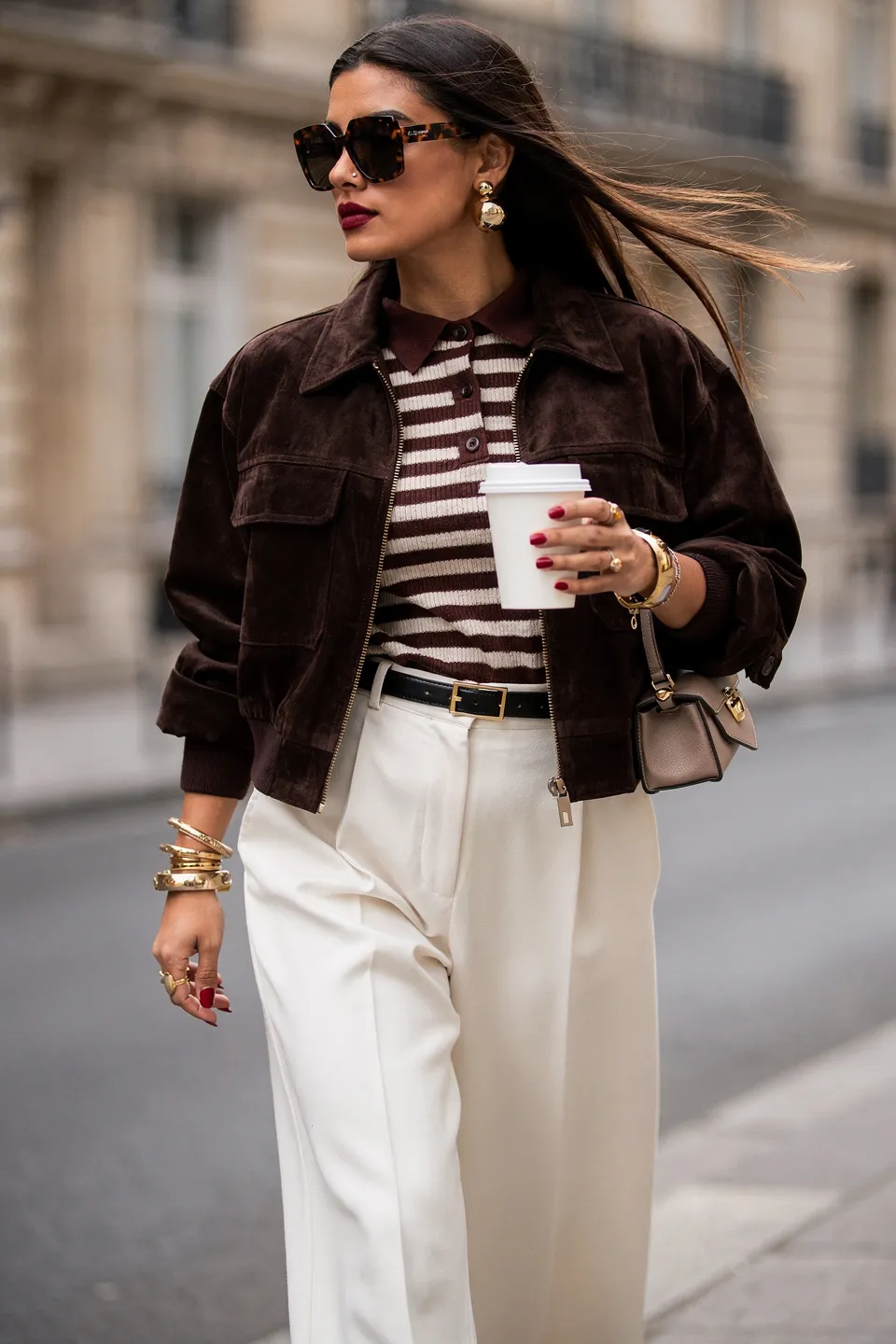Brown Suede Bomber with Striped Polo Knit and Cream Trousers Brown Suede Bomber with Striped Polo Knit and Cream Trousers