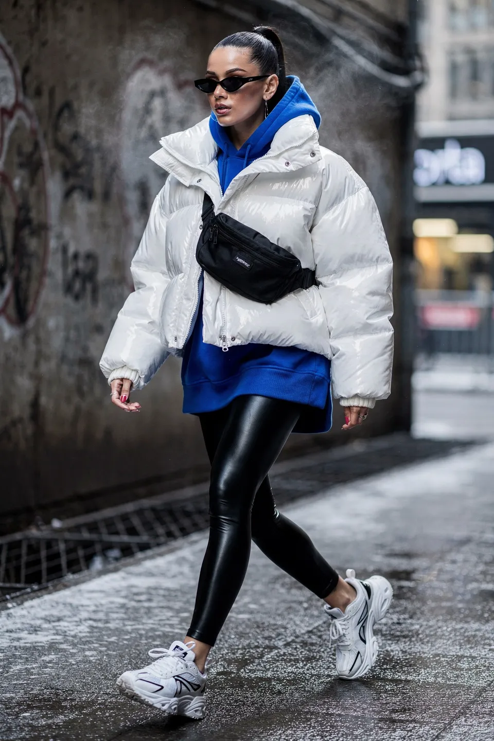 Glossy White Puffer with Cobalt Hoodie