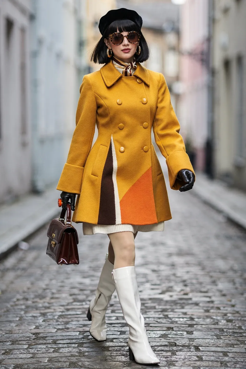 Mustard Mod Coat with White Boots