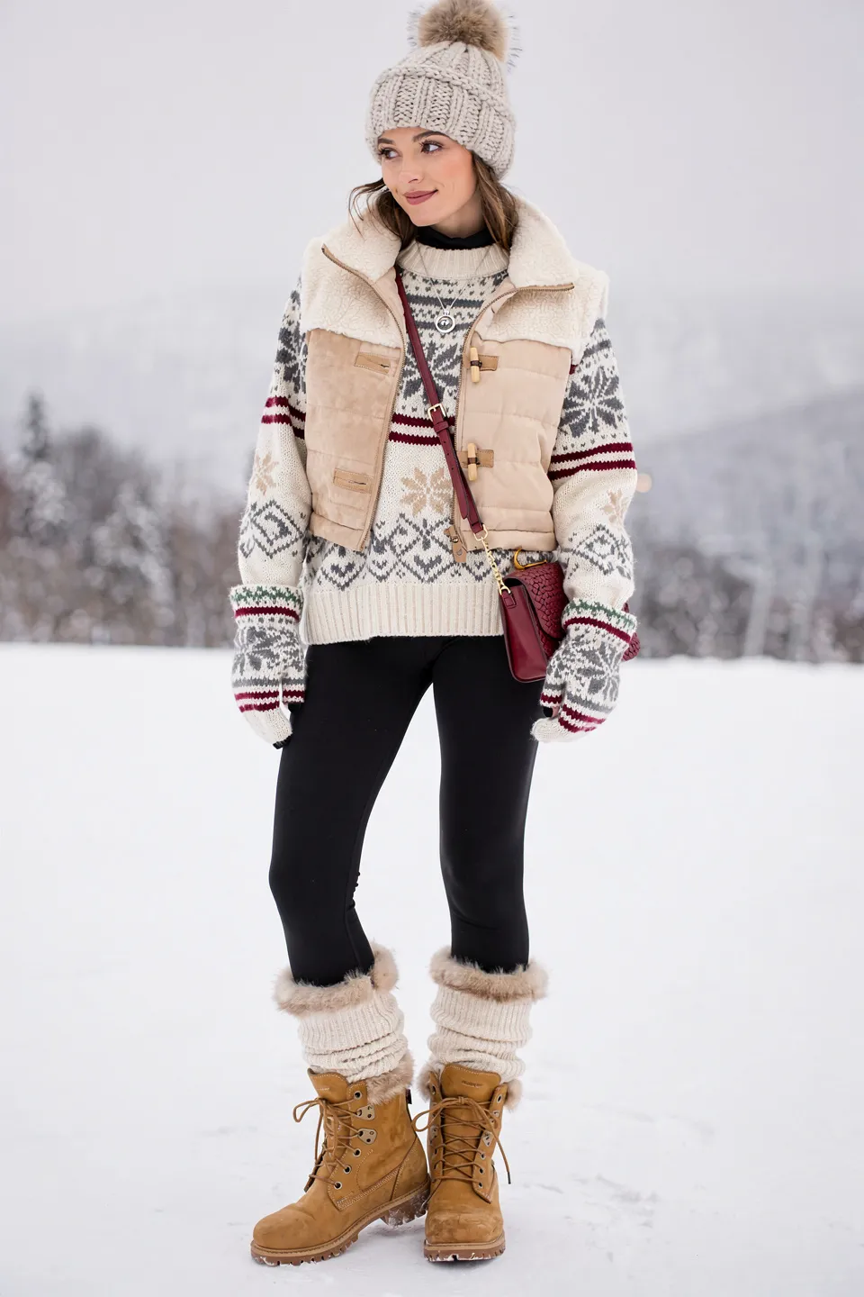Snowy Nordic Sweater with Suede Vest