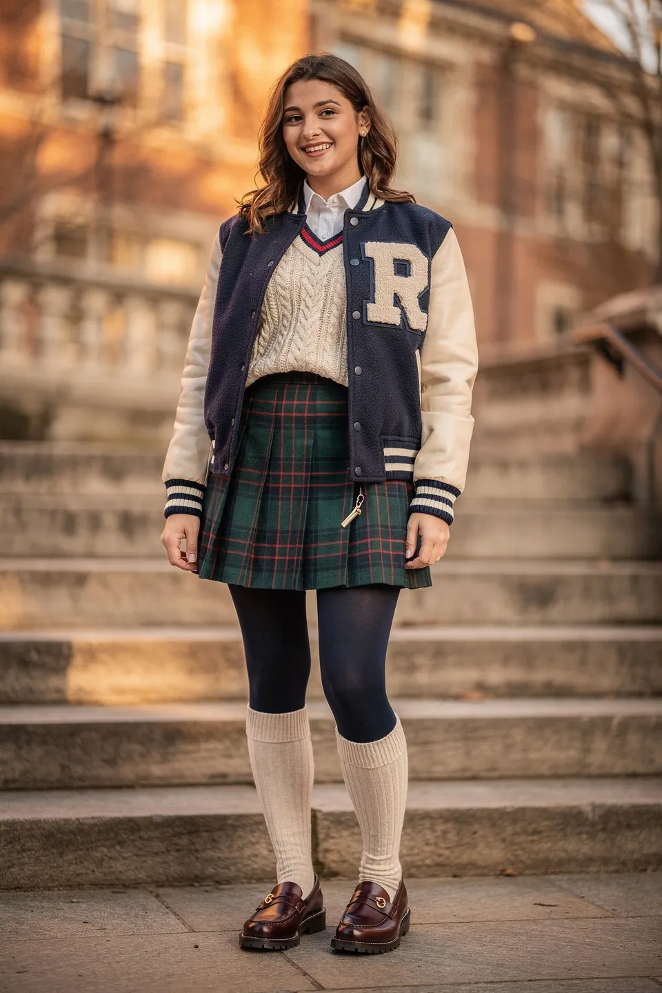  Preppy Varsity Jacket with Plaid Skirt