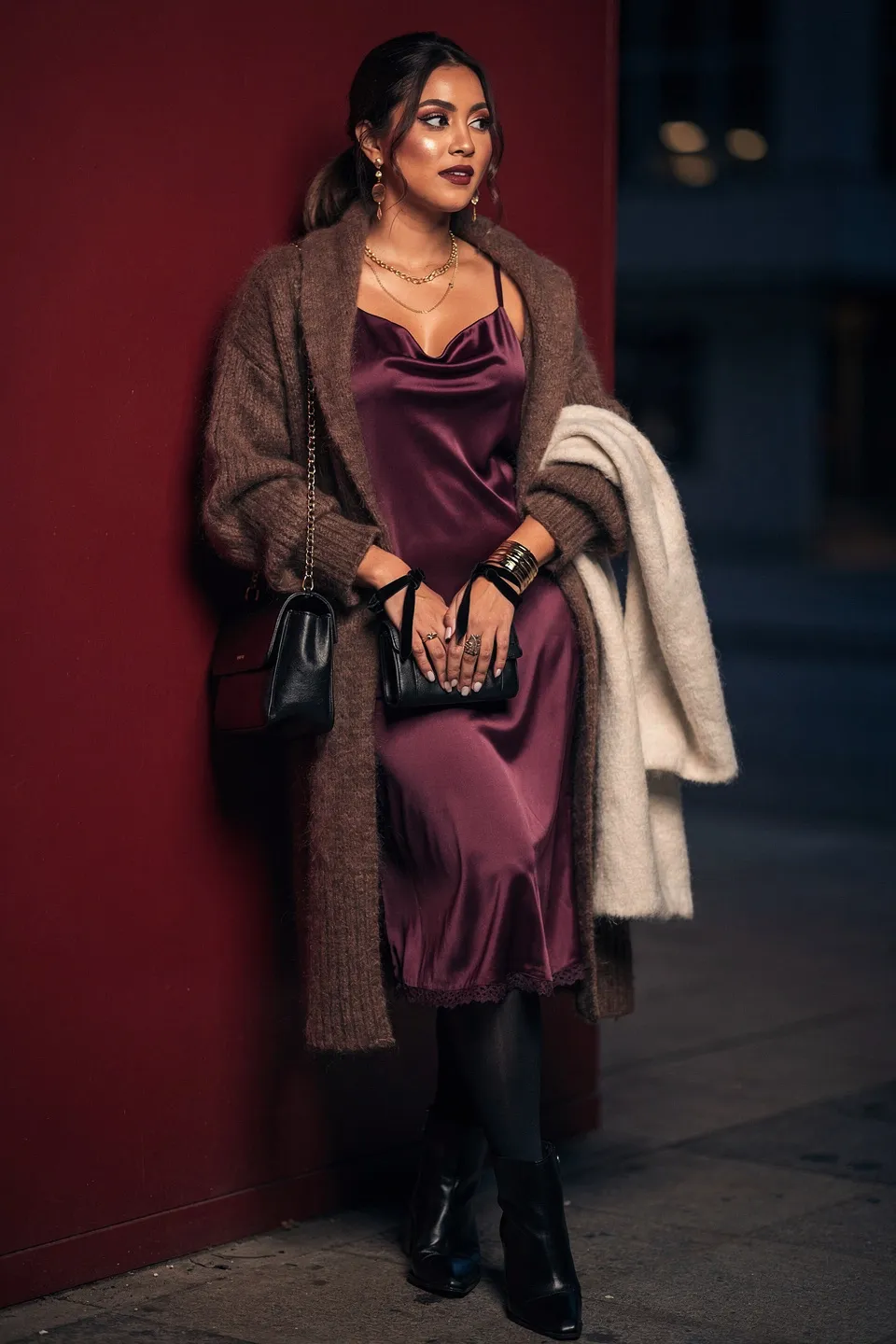 Plum Satin Slip Dress with Cozy Cardigan