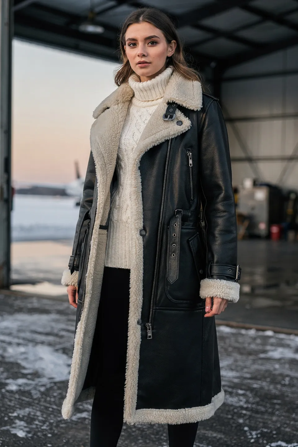Black Leather Shearling Long Coat with Cream Cable Knit Turtleneck