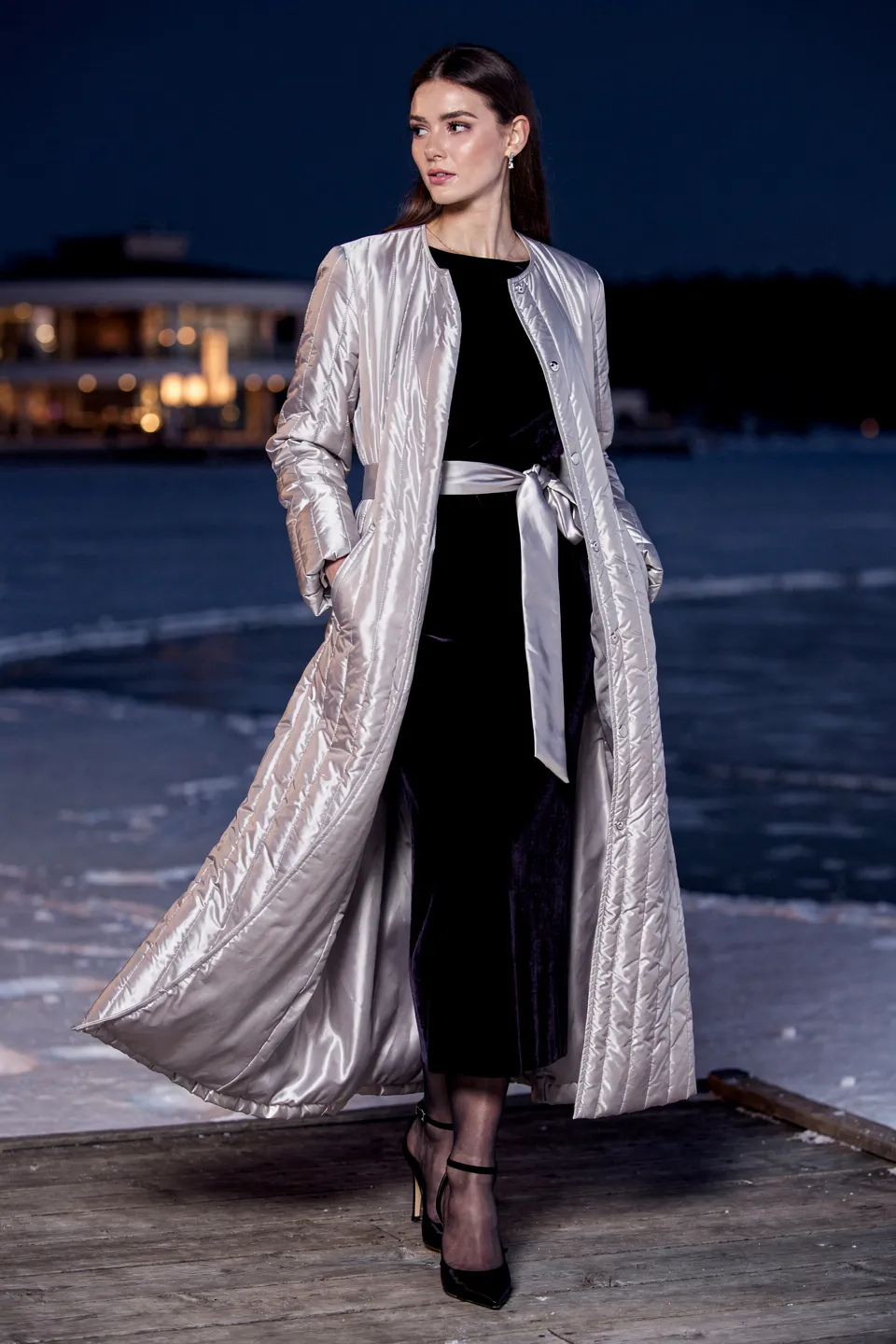Silver Quilted Maxi Coat with Black Velvet Belted Dress