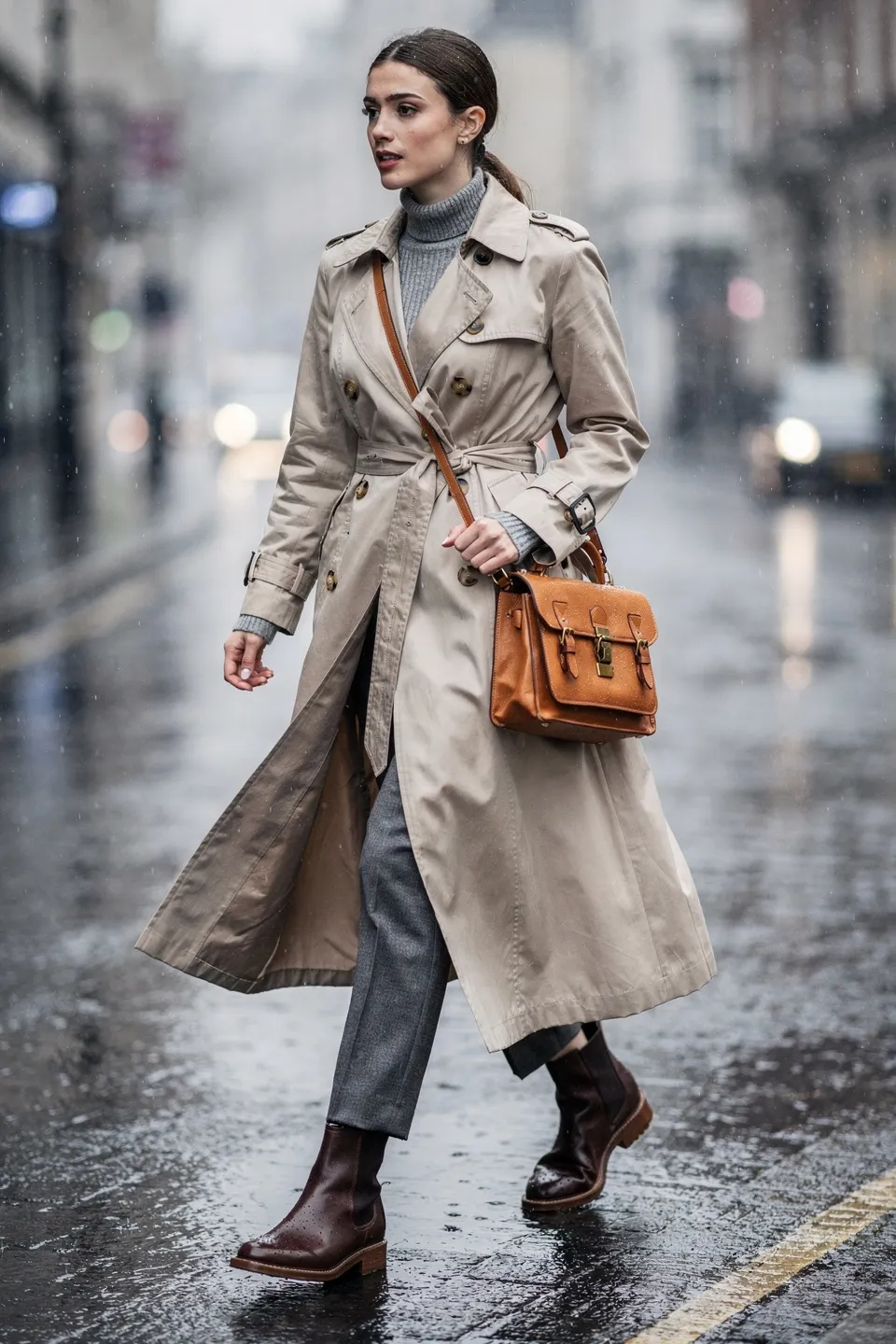 Beige Belted Trench Coat with Grey Turtleneck and Tan Satchel