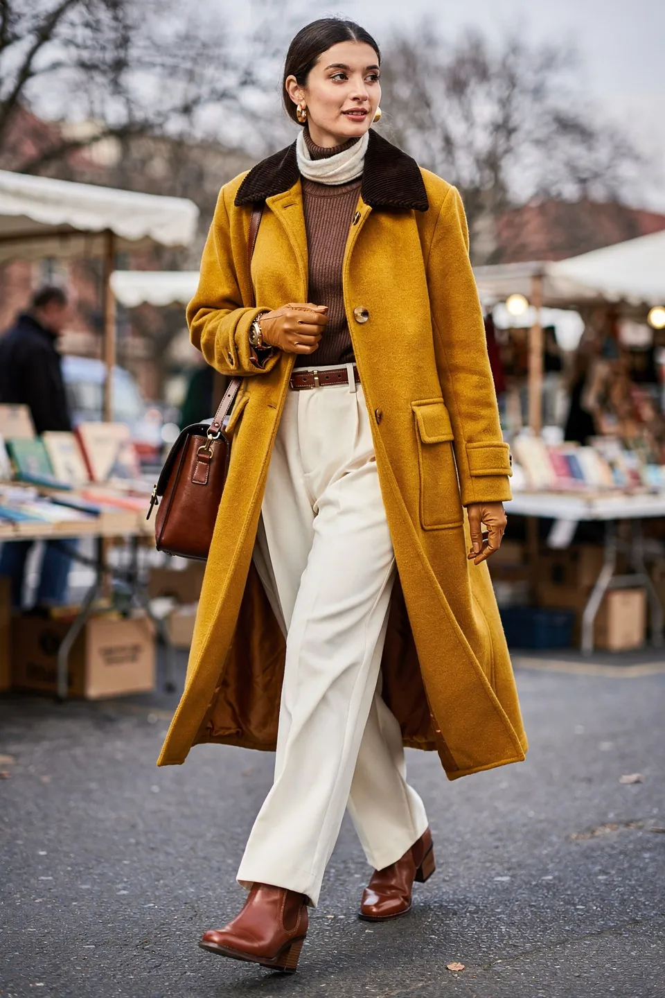 Mustard Wool Long Coat with Corduroy Collar and Cream Wide Leg Trousers