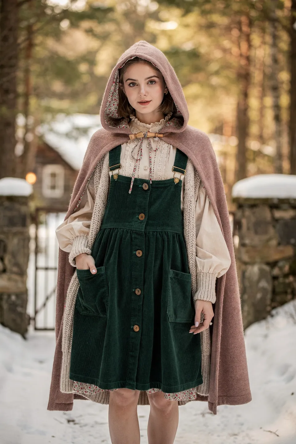 Cottagecore Hooded Cape with Corduroy Pinafore