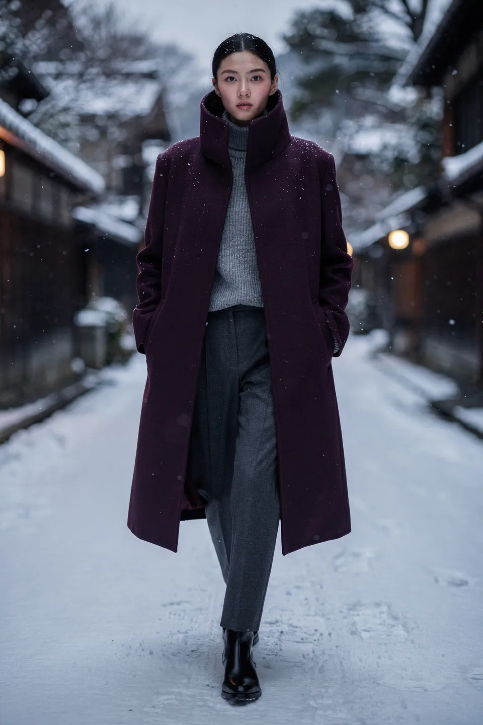 Plum Funnel Neck Long Coat with Grey Knit and Wool Trousers