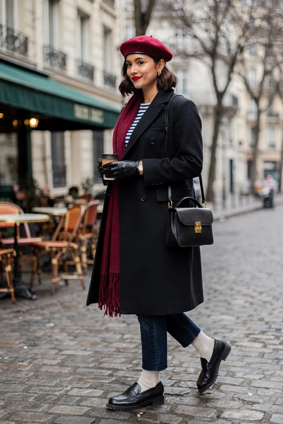 Parisian Beret and Black Coat Look