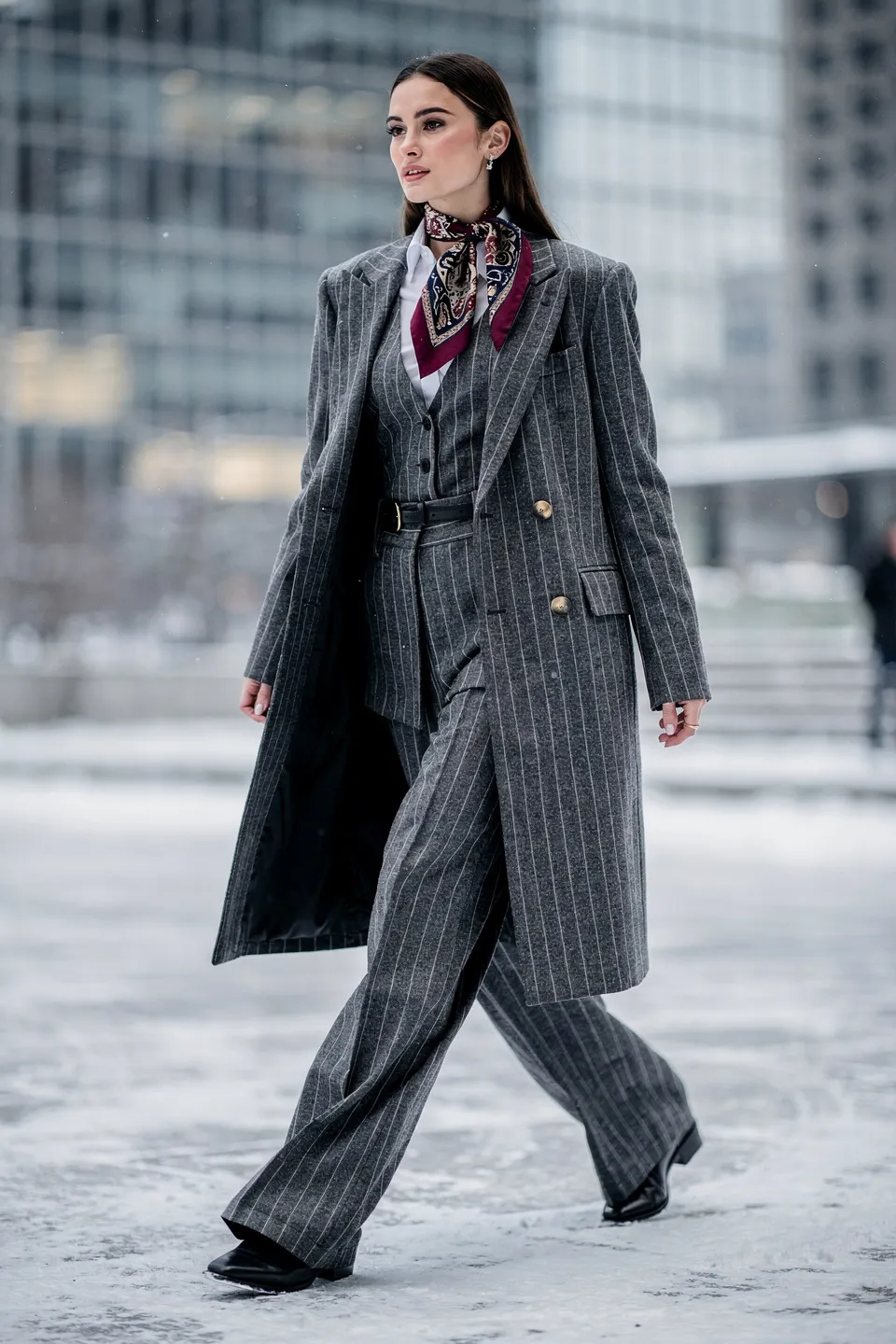 Pinstripe Power Suit with Long Coat