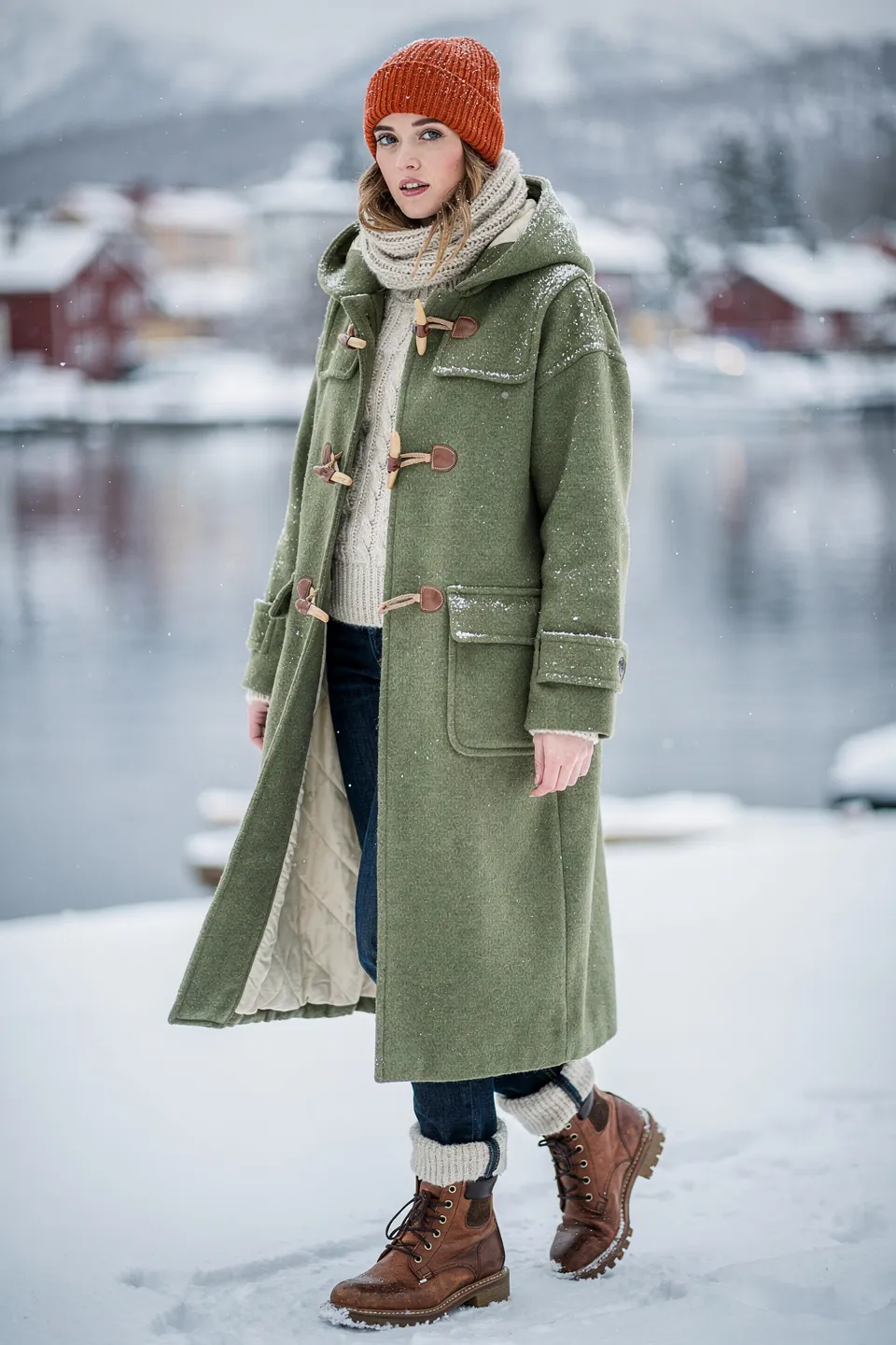 Olive Green Hooded Duffle Coat with Rust Beanie and Brown Lace Up Boots
