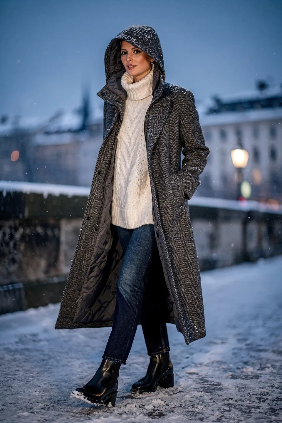 Grey Herringbone Hooded Long Coat with Cream Cable Knit Sweater