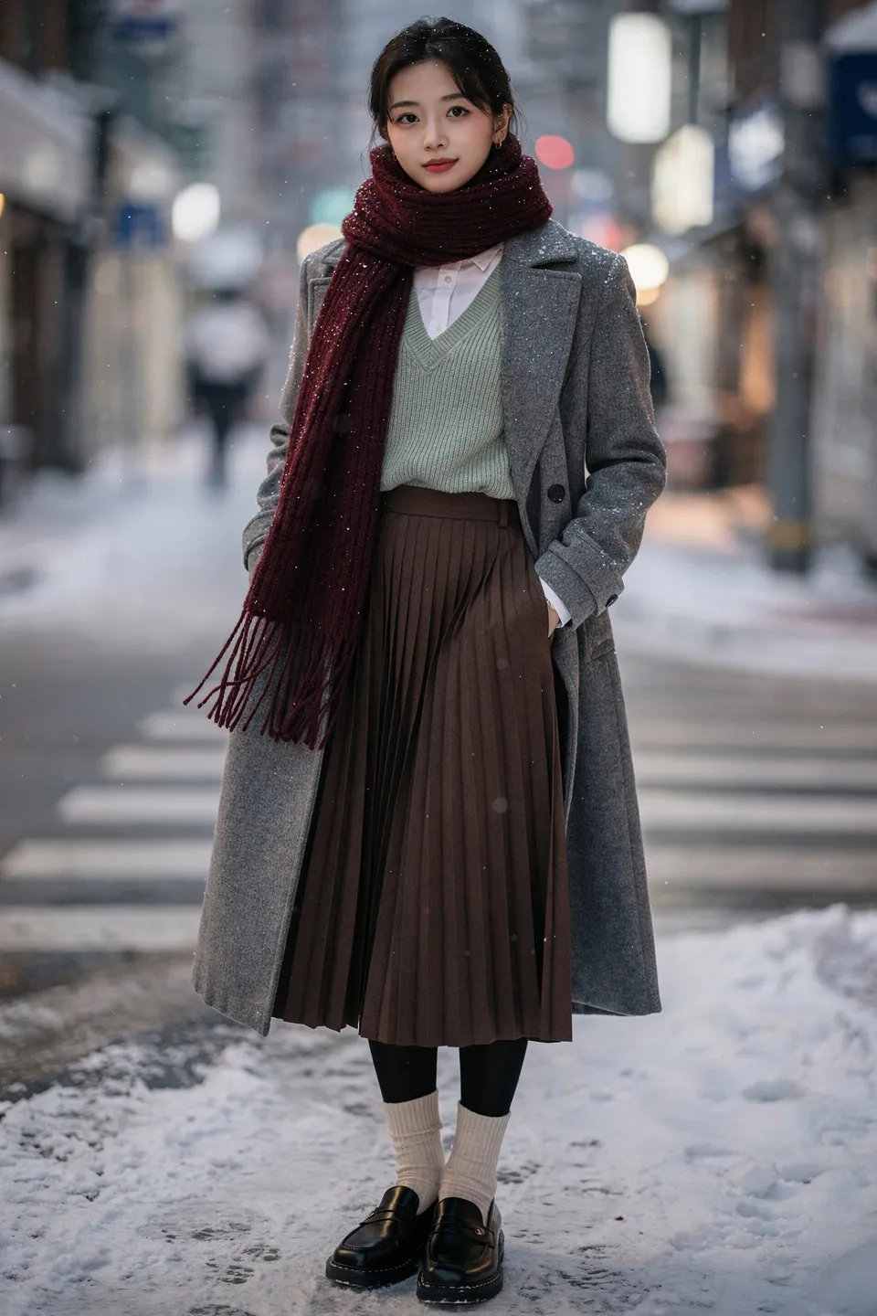 Seoul Street Pleated Skirt and Wool Coat