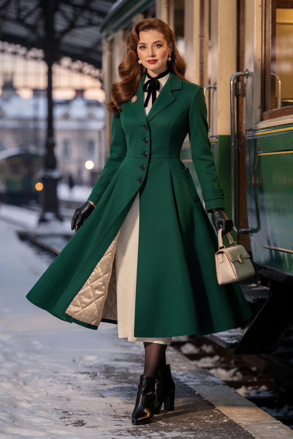 Emerald Green Fit and Flare Long Coat with Cream Knit Dress and Black Gloves
