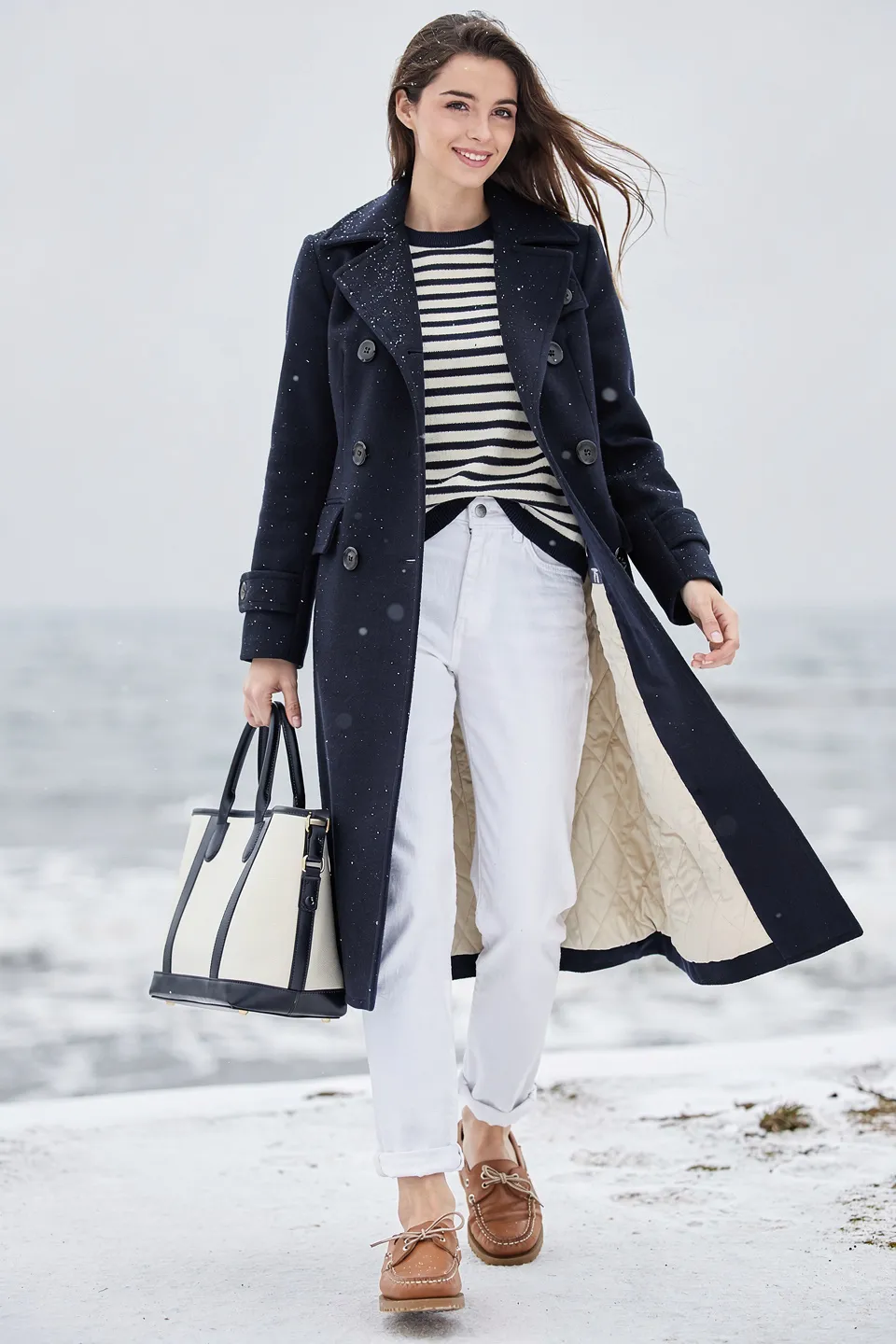 Navy Double Breasted Long Coat with Striped Knit and White Jeans
