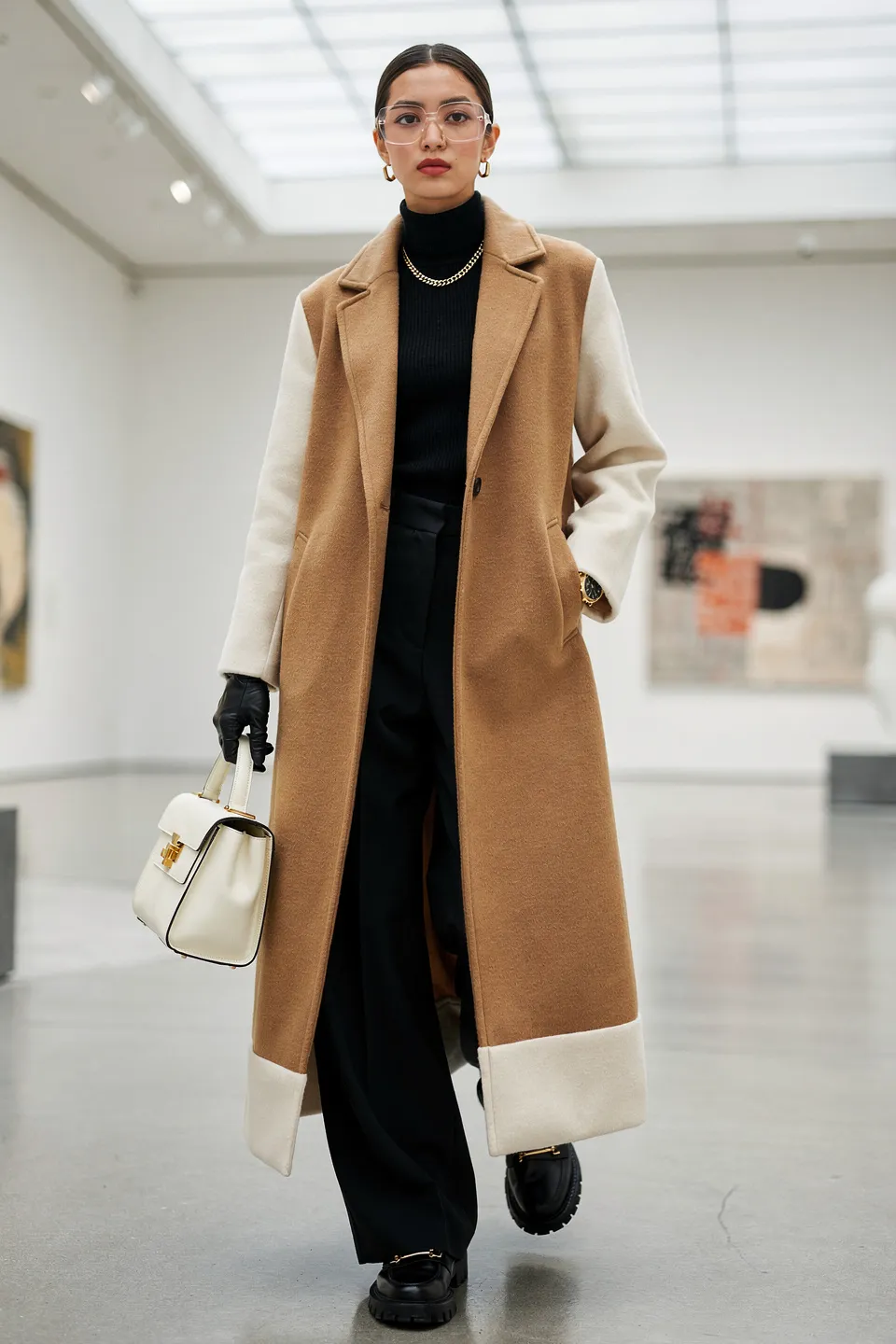 Camel Color Block Long Coat with Black Turtleneck and Wide Leg Trousers