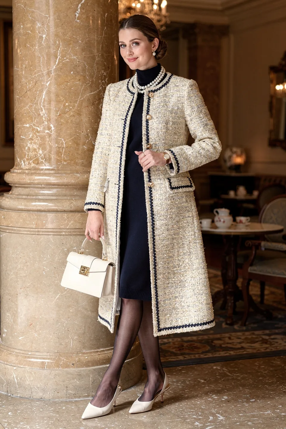 Cream Tweed Long Coat with Navy Trim and Pearl Layered Necklace