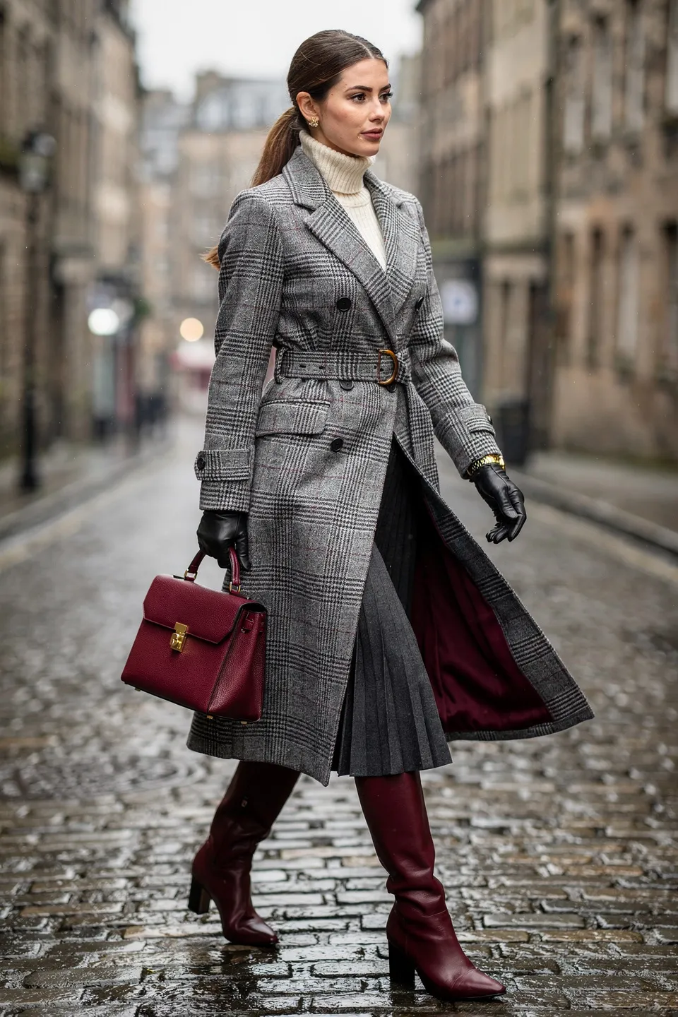Grey Plaid Belted Long Coat with Burgundy Knee High Boots