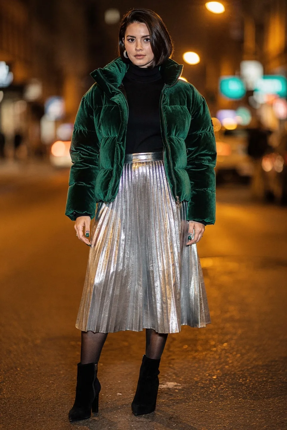 Emerald Velvet Puffer and Metallic Skirt Look